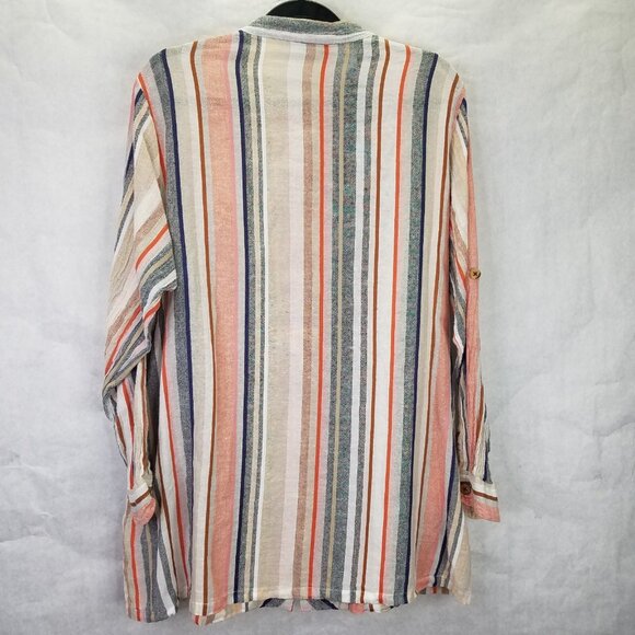 National Linen Tunic L Button Up Camp Shirt Chevron Mandarin Collar Wood Button - Picture 11 of 16